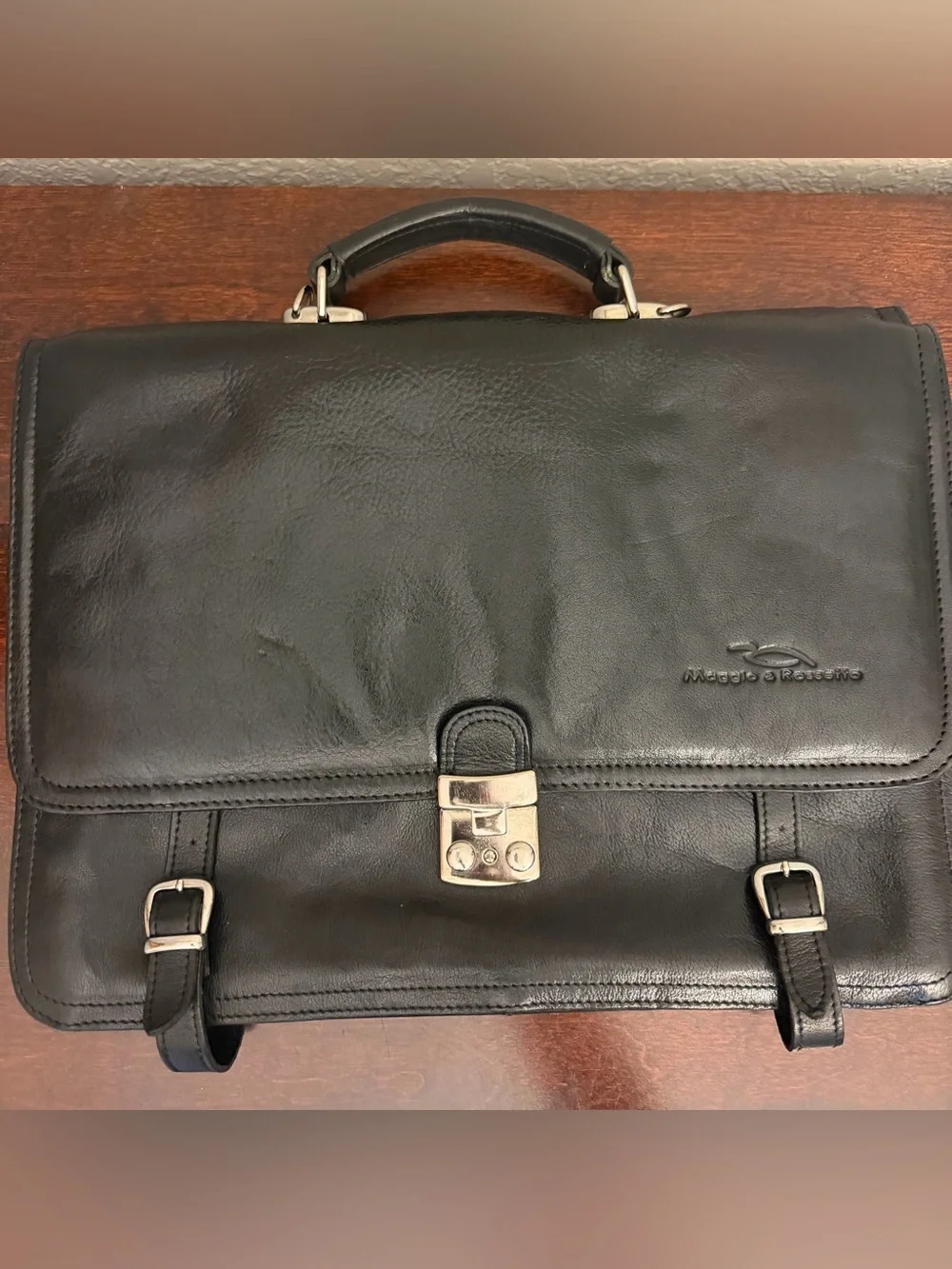Vintage Maggio & Rosetto Leather Briefcase Black Expendable Bottom No Strap